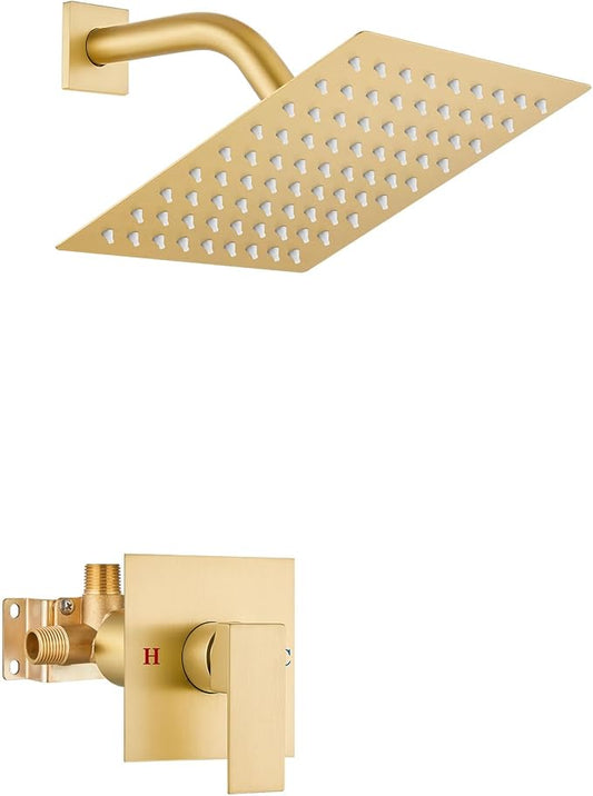 Airuida Shower Faucet Set Bathroom Rain Shower System SUS304 Stainless Steel Single Handle With Male Threads Rough-in Valve Shower Trim Kit 8 Inch Wall Mount Shower Head Brushed Gold