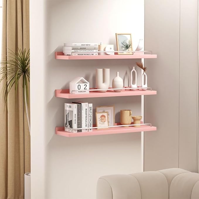 22 inches Long Floating Shelves, Bathroom Decor Shelves Over Toilet, Farmhouse Wall Shelves for Living Room, Bedroom, Picture Frames, Plants, Kitchen, Set of 3 (Pink and White)