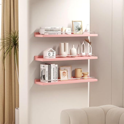 22 inches Long Floating Shelves, Bathroom Decor Shelves Over Toilet, Farmhouse Wall Shelves for Living Room, Bedroom, Picture Frames, Plants, Kitchen, Set of 3 (Pink and White)