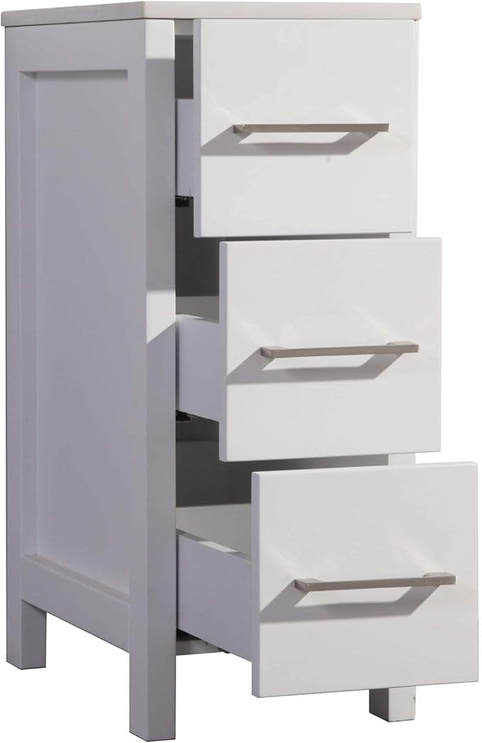 Vanity Art 12 Inch Bathroom Cabinet 3 Dove-Tailed Drawers with Engineered Marble Top Side Storage Organizer Freestanding Single Vanity VA3112-W