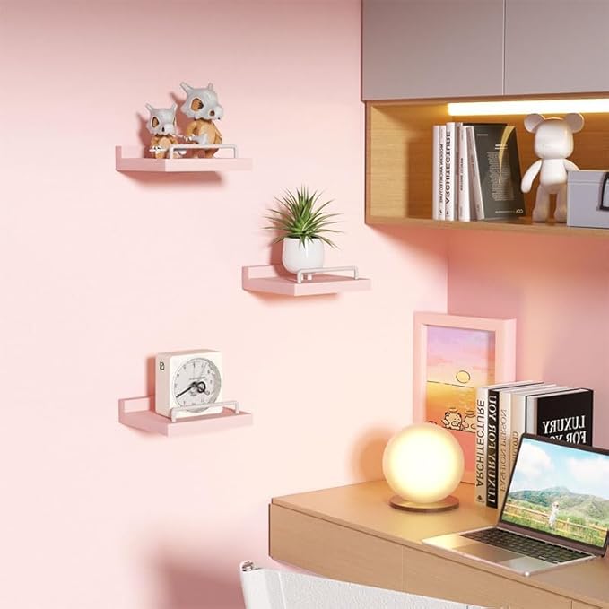 Small Floating Shelf, 6X6 Inches Farmhouse Wall Shelves for Living Room, Bedroom, Picture Frames, Plants, Kitchen, Set of 3 (Pink and White)