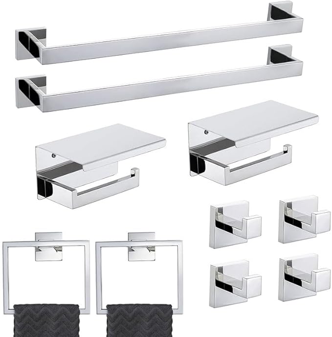 10-Piece Bathroom Hardware Set - Chrome Finish SUS304 Stainless Steel Wall-Mounted Towel Bar, Holder & Racks, 23.6 Inch