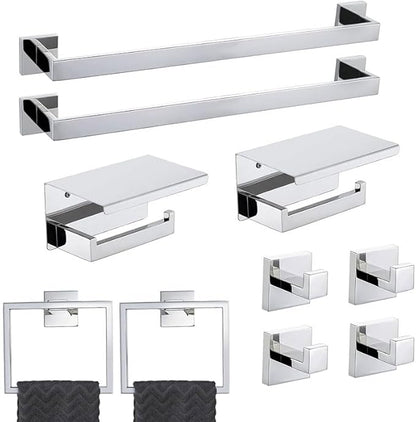 10-Piece Bathroom Hardware Set - Chrome Finish SUS304 Stainless Steel Wall-Mounted Towel Bar, Holder & Racks, 23.6 Inch