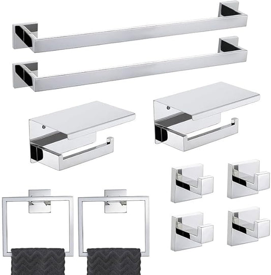 10-Piece Bathroom Hardware Set - Chrome Finish SUS304 Stainless Steel Wall-Mounted Towel Bar, Holder & Racks, 23.6 Inch