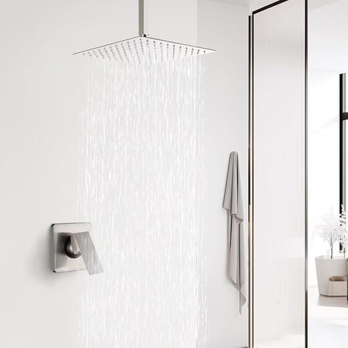 POP SANITARYWARE Ceiling Mount Shower Faucet Set Brushed Nickel Bathroom 10 Inch Rainfall Mixer Shower Head System Single Handle Shower Trim Kit with Rough-in Valve