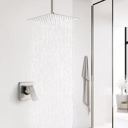 POP SANITARYWARE Ceiling Mount Shower Faucet Set Brushed Nickel Bathroom 10 Inch Rainfall Mixer Shower Head System Single Handle Shower Trim Kit with Rough-in Valve