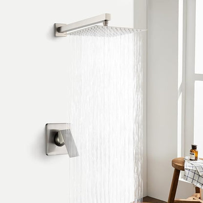 POP SANITARYWARE Shower Faucet Set Brushed Nickel Bathroom Rainfall 10 Inch Shower Head System Single Handle Shower Trim Kit with Valve