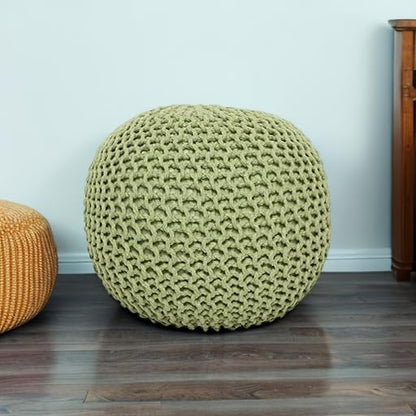 REDEARTH Round Pouf Foot Stool Ottoman - Cotton Knitted Cord Boho Pouffe - Cable Poof Filled Footrest Stuffed for Living Room - Nursery - Bedroom - Patio - Lounge (19.5"x19.5"x14") - Kiwi