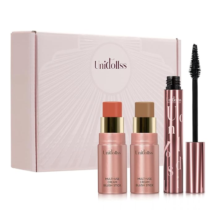 3 Pcs Unidollss Tubing Mascara and Blush Stick Set, Volume and Length Black Mascara Lengthening Long Lasting All Day, Washable Voluminous Tubing with a Random Accessory Included(03,05)