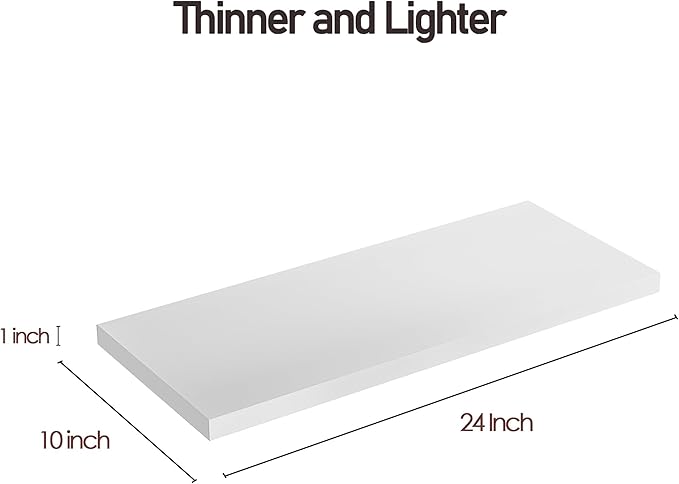 Wall Shelf Set of 2, White Floating Shelves 24 in W x 10 in D x 1 in H, Wooden Floating Wall Shelf with Invisible Brackets for Living Room/Bedroom/Bathroom/Kitchen Storage and Decor