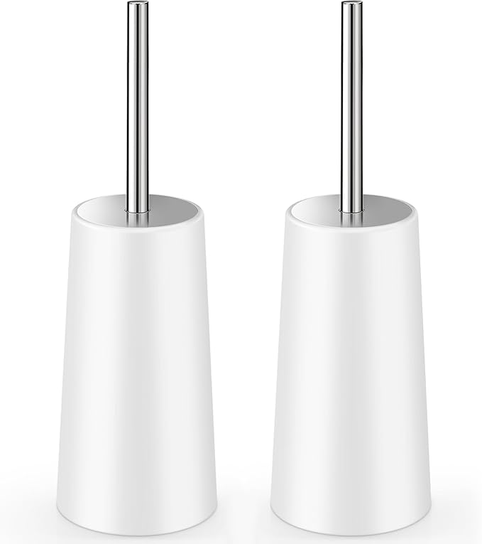 Toilet Brush and Holder, 2 Pack Toilet Brush with 304 Stainless Steel Long Handle, Toilet Bowl Brush for Bathroom Toilet-Ergonomic, Elegant,Durable (White)