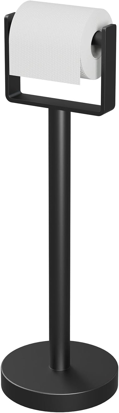 YUMORE Toilet Paper Holder Free Standing, Stainless Steel Toilet Paper Stand, Weighted Base Floor Tissue Roll Holder for Bathroom, Matte Black 200UP