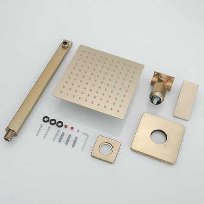 Brushed Gold Shower Faucet Set, Single Function Shower Trim Kit with Rough-in Valve, Square Rain Shower Head System Included Extra Long Shower Arm for Bathroom