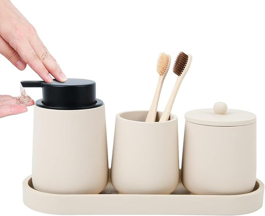 Beige Bathroom Accessories Set - 4 Pcs Bathroom Accessory Sets with Toothbrush Holder,Lotion Soap Dispenser,Qtip Holder Dispensr & Vanity Tray,Bathroom Countertop Vanity Oganizer - Beige