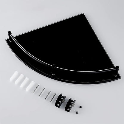 Bathroom Corner Shower Caddy, 9.5" Tempered Glass Bathroom Shelves for Wall Mounted, 2 Tier Glass Shower Caddy Organizer and Storage, Clear Corner Shelf wtih Black Rustproof Rail