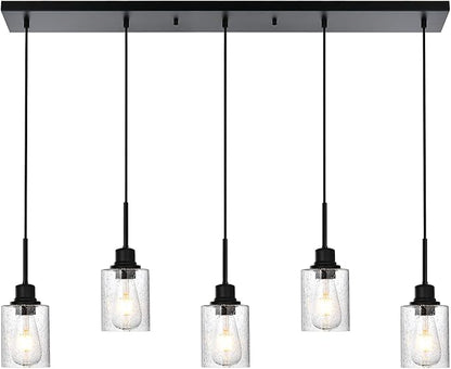 Black Chandelier 5 Light Dining Room Lighting Fixtures Hanging Linear Pendant Lights Industrial Modern Chandelier with Seeded Glass for Kitchen Island Living Room Bedroom Foyer Hall Entryway