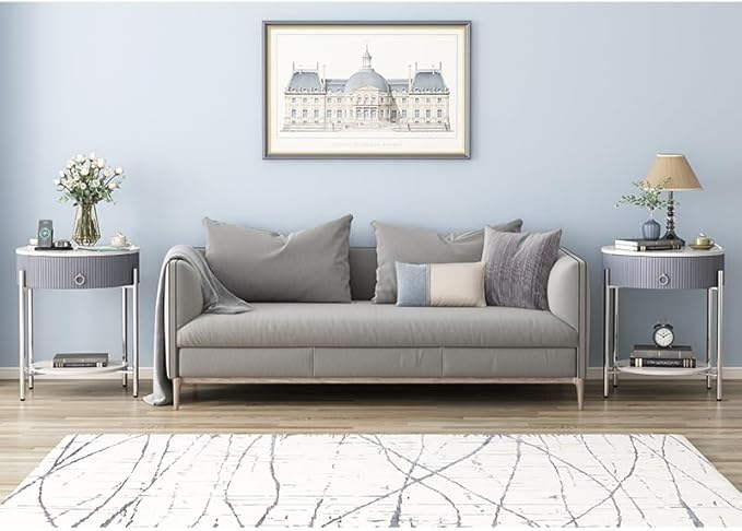 OIOG Round Side Table with Drawer, Modern Nightstand with Shelf and Chrome Finish Metal Legs, 2 Tier End Table for Living Room, Bedroom, Office, Marbling Natural Stone/Silver