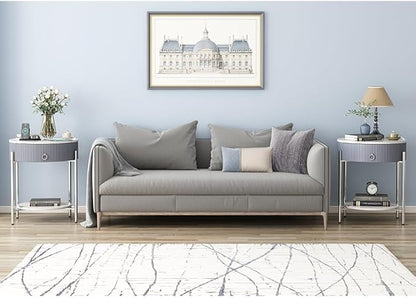 OIOG Round Side Table with Drawer, Modern Nightstand with Shelf and Chrome Finish Metal Legs, 2 Tier End Table for Living Room, Bedroom, Office, Marbling Natural Stone/Silver