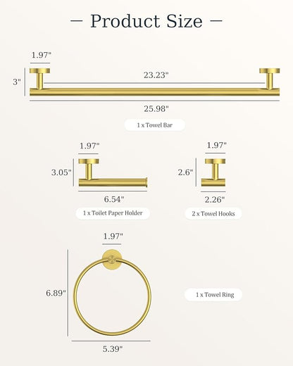 Brushed Gold Bathroom Accessories Set, SUS304 Stainless Steel 5 Pieces Bathroom Hardware Set, 26 Inch Bath Towel Bar Set, 2 Towel Hooks, Toilet Paper Holder, Towel Racks for Bathroom Wall Mounted