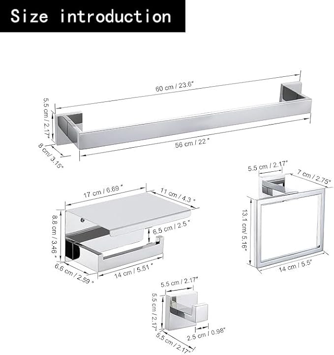 10-Piece Bathroom Hardware Set - Chrome Finish SUS304 Stainless Steel Wall-Mounted Towel Bar, Holder & Racks, 23.6 Inch