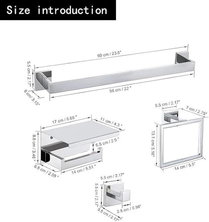 10-Piece Bathroom Hardware Set - Chrome Finish SUS304 Stainless Steel Wall-Mounted Towel Bar, Holder & Racks, 23.6 Inch