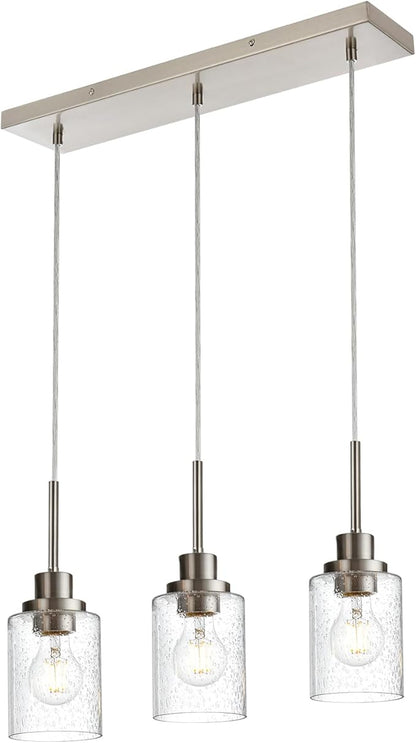 3-Light Farmhouse Chandelier Light Fixture Brushed Nickel Clear Seeded Glass Dining Room Hanging Modern Pendant Lighting Over Table,Traditional Ceiling Lights for Kitchen Island Entryway