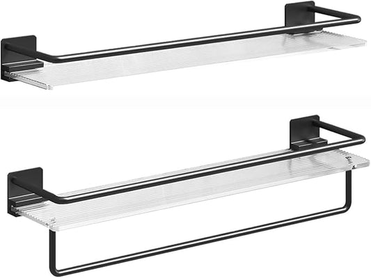 AIJALY Acrylic Floating Shelves Wall Mounted Hanging Shelves with Black Towel Rack Decorative Storage Shelves，2 Pack 15.7-lnch Bathroom Shower Acrylic Shelf