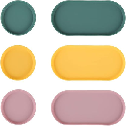 Blue Ginkgo Mini Silicone Trays – Set of 6 Easy-Clean Organizers for Bathroom, Kitchen, Desk, Vanity, and Cosmetics (Green, Yellow, Pink)