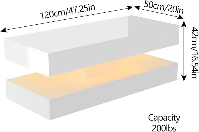 Uspeedy 47.3IN High Glossy LED Coffee Table,APP LED Lights,Black/White, Modern Furniture for Living Room (White)