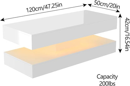 Uspeedy 47.3IN High Glossy LED Coffee Table,APP LED Lights,Black/White, Modern Furniture for Living Room (White)