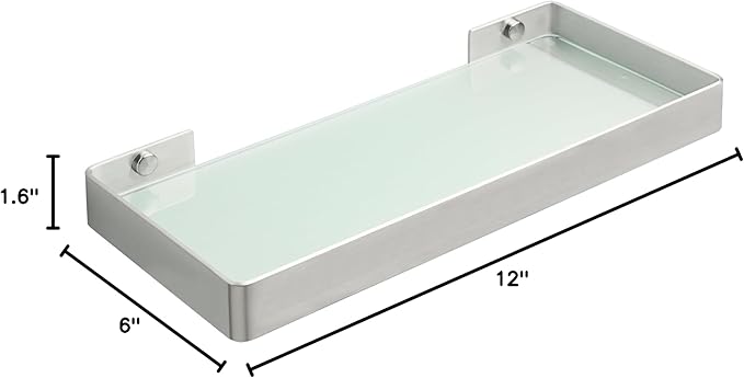Alise Glass Bathroom Shelf, Brushed Nickel 11.8 Inch Rectangular Floating Shelves for Bathroom, Showers, Vanities, Kitchens,SUS304 Stainless Steel Glass Shelf for Toilet Room Decoration