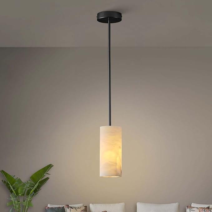 Alabaster Pendant Light Kitchen Island, H-9.5in Black Pendant Light Fixtures with Natural Marble Shade, Adjustable Ceiling Pendant for Dining Room, Living Room, Bedroom & Bathroom