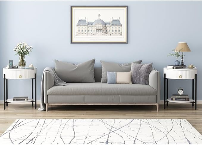 OIOG Round End Table with Drawer, Modern 2 Tier NightStand with Shelf, Small Side Table with Sintered Stone Tabletop for Living Room, Bedroom, Dorm, and Office, Marbling Natural Stone/White