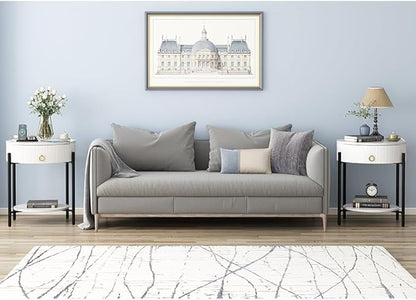 OIOG Round End Table with Drawer, Modern 2 Tier NightStand with Shelf, Small Side Table with Sintered Stone Tabletop for Living Room, Bedroom, Dorm, and Office, Marbling Natural Stone/White