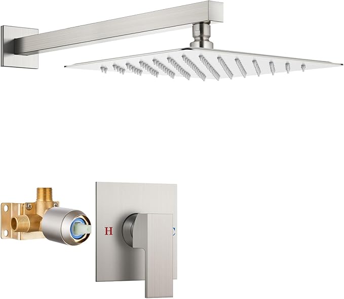 Airuida Shower Faucet Set Bathroom Rain Shower System SUS304 Stainless Steel Single Handle With Male Threads Rough-in Valve Shower Trim Kit 10 Inch Wall Mount Shower Head Brushed Nickel