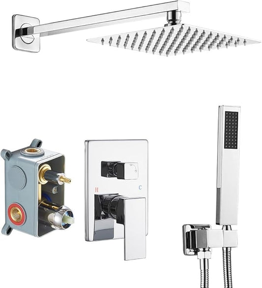 Shower System with High Pressure Rainfall Shower Head, Handheld Shower head and Shower Faucet Trim, Rain Mixer Shower Set Wall Mounted Chrome（Valve Include）