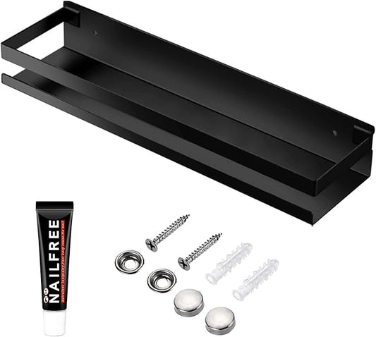 Rustproof Metal Storage Floating Shelves Wall Mounted Rectangular Shelf for Bedroom,Bathroom, Living Room, Kitchen, and Laundry Room,Nail-Free Wall-Mounted Shelves（15.75 Inch Black）