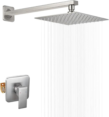 Brushed Nickel Shower Faucet Set Bathroom Luxury Rainfall Shower System with Rain Shower Head Single Function Shower Trim Kit with Rough-in Valve