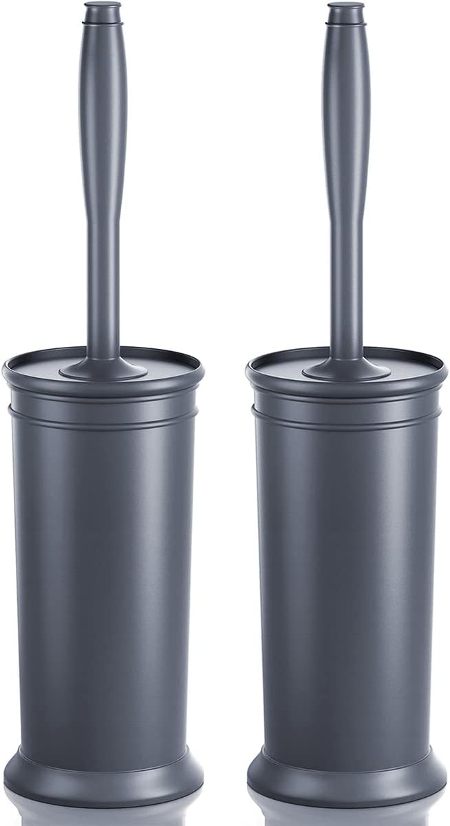 Toilet Brush and Holder 2 Pack, Toilet Bowl Brush with Extra Long Handle, Toilet Scrubber and Covered Holder, Toilet Brushes for Bathroom-Space Saving, Covered Brush, Durable, Deep Cleaning(Grey)