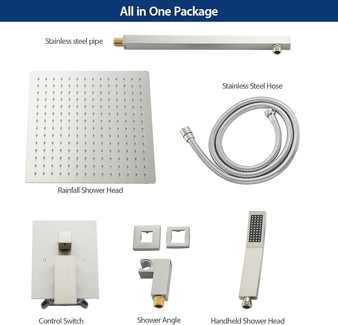 Sarlai Shower System Bathroom Shower Faucet Square Rainfall Shower Head and Handle Combo Wall Mounted Shower Faucet with Valve 12 Inch Shower Head Trim Systems Brushed Nickel