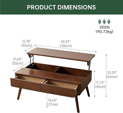 Solid Oak Wood Lift Top Coffee Table for Living Room, Mid Century Modern Tables with Drawers and Large Storage, Coffee Tables for Small Spaces (Oak Walnut Color, 39.37" W x 21.65" D x 25.59" H)