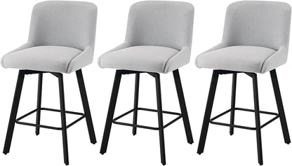 Swivel Bar Stools Set of 3, 26''H Upholstered Barstools with Backs, Modern Counter Height Bar Stool Chairs for Kitchen Island, Metal Legs, Light Gray Fabric Counter Stools