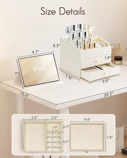 Vlando Makeup Organizer for Vanity,Large Capacity Countertop Organizer with Drawers, PU Leather Cosmetic Display Case for Lipstick,Brushes,Skincare,Bedroom Storage (Beige)