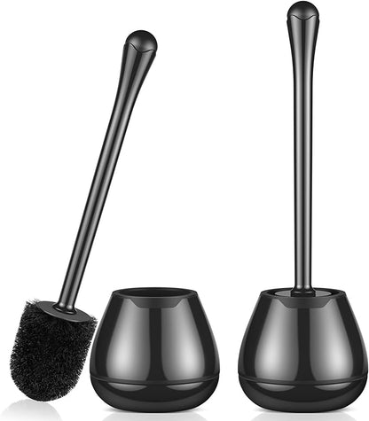 Toilet Brush and Holder, 2 Pack Toilet Bowl Brush with Long Handle, Plastic Holder Easy to Hide, Drip-Proof, Easy to Assemble, Deep Cleaning, Black