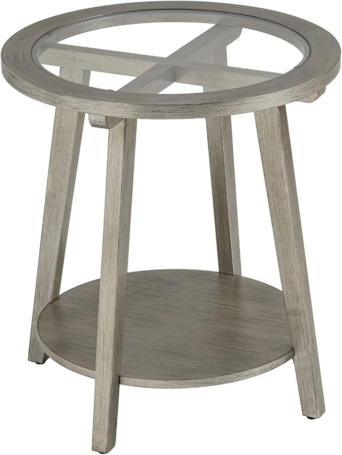 COSIEST 2-Tier End Table with Tempered Glass Top, Round MDF Side Table with Storage Shelf, Modern Wood Accent Table for Bedroom Living Room Home Office, Antique Silver