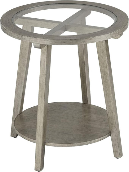 COSIEST 2-Tier End Table with Tempered Glass Top, Round MDF Side Table with Storage Shelf, Modern Wood Accent Table for Bedroom Living Room Home Office, Antique Silver