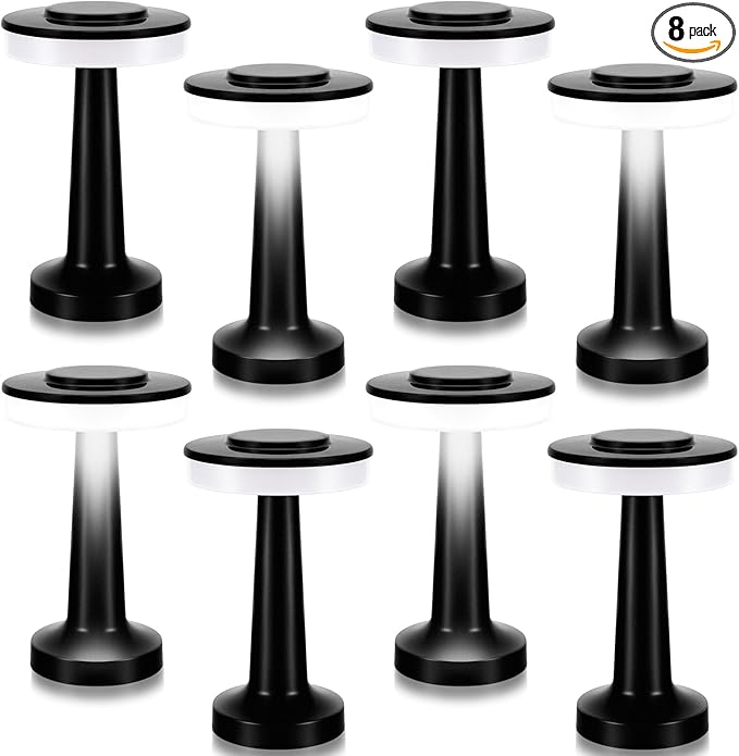 VIHOSE Set of 8 LED Portable Cordless Table Lamp with Touch Sensor 3 Color Stepless Dimming Rechargeable Battery up to 15 Hours Cordless Table Light Wireless Lamp for Nursery(Black)