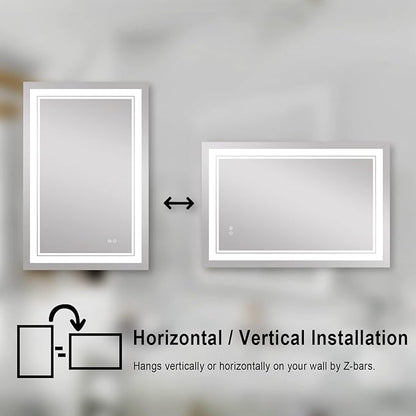 WELLFOR LED Bathroom Vanity Mirror 28 x 36 Inch, Lighted Anti-Fog Dimmable Mirror, IP44 Waterproof Wall Mounted Makeup Mirror, Packed with US Standard Plug and Touch Switch, (Horizontal/Vertical)