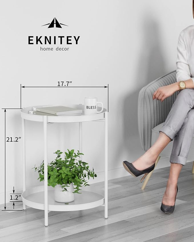 EKNITEY 2 Tier End Table - Metal Side Table Waterproof Small Sofa Coffee Side Tables Bedroom Indoor Outdoor with Removable Tray for Living Room Bedroom Balcony and Office (White)