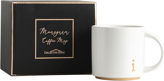 COLLECTIVE HOME - Monogram Ceramic Mugs, 15 oz Golden Initial Coffee Cups, Elegant Alphabet Tea Mugs, Elegant Personalized Mug with Gift Box, Luxurious Cups for Office and Home (i)